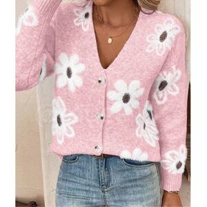 Pink Cardigan Knit Flower Textured Button Front Stretchy, Soft